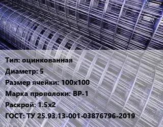 Сетка оцинкованная d=5 Ячейка: 100х100 ВР-1 Раскрой: 1.5х2 ГОСТ: ТУ 25.93.13-001-03876796-2019